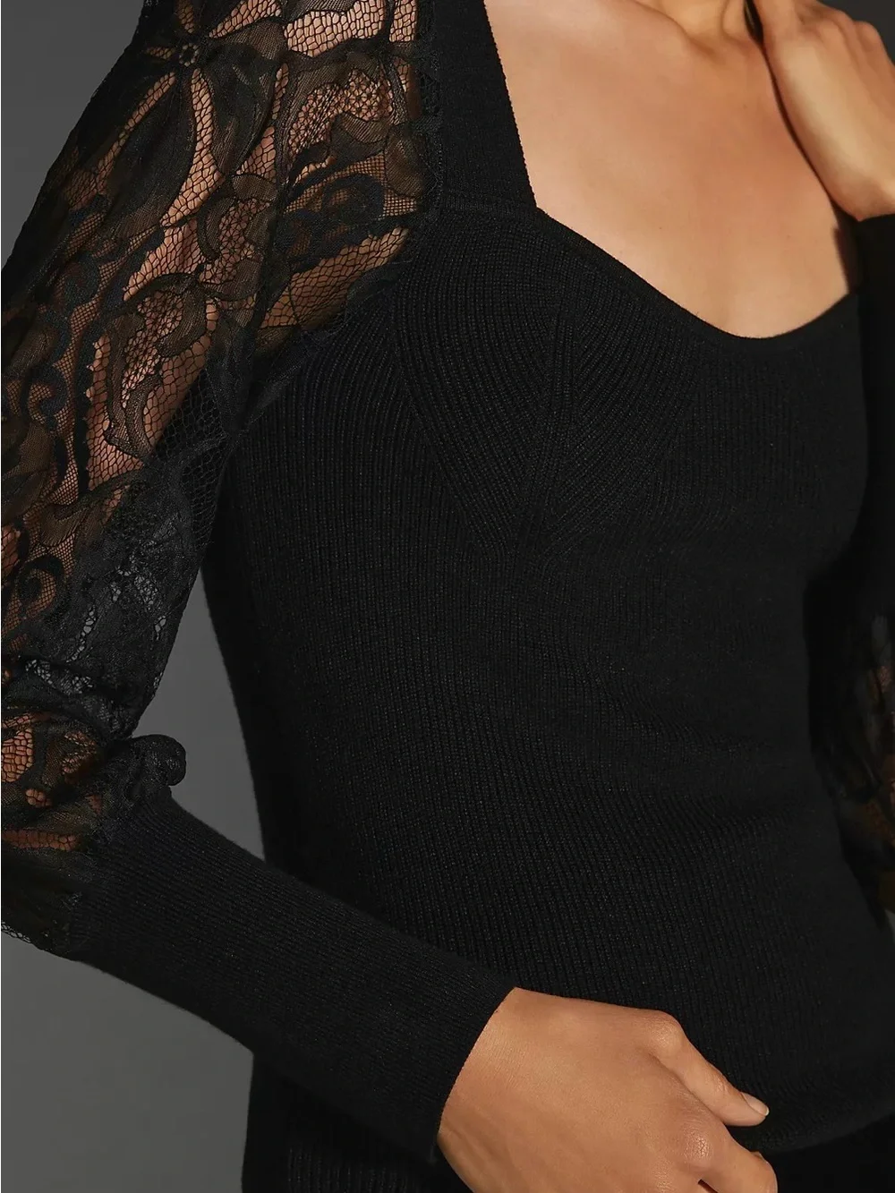 Anthropologie Black Lace-Sleeve Square Neck Long Sleeve Top
